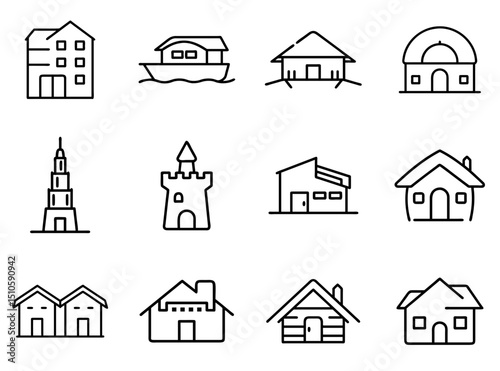 "Type Houses Outline Icon Set 1: Minimal Line Icons for Architecture, Real Estate, and Home Design"
