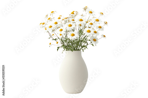 Elegant white ceramic vase with a smooth surface holding a large bouquet of fresh daisies with white petals and yellow centers, isolated on a plain white background