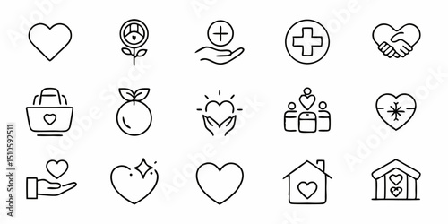 Care icon set thin line charity symbols representing generosity and sympathy