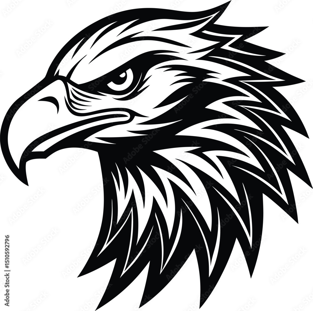 Obraz premium Black and White Fierce Eagle Head Silhouette Vector, Majestic Bird of Prey Illustration