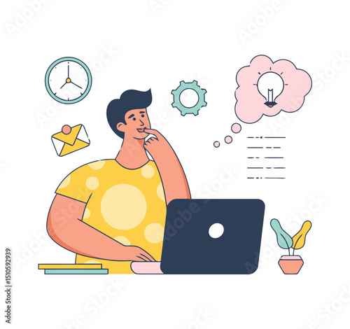 Man idea laptop thinking creative design work office business cartoon illustration concept project time vector art illustrations