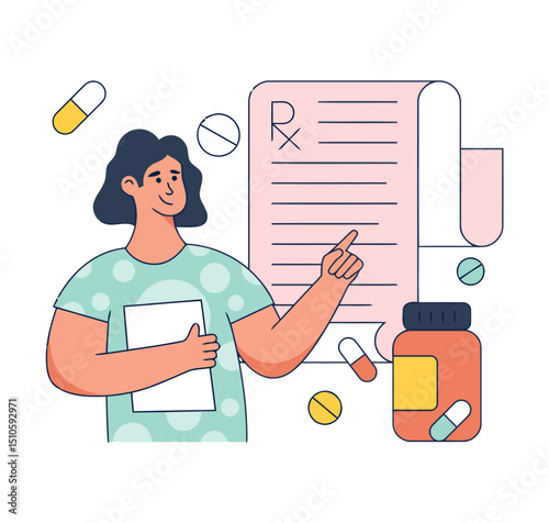 Woman prescription doctor medical healthcare medicine pharmacy pills bottle treatment health wellness care therapy vector art illustrations