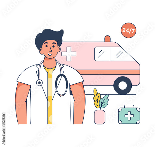 Doctor ambulance medical healthcare medicine hospital emergency clinic stethoscope aid first aid service care vector art illustrations