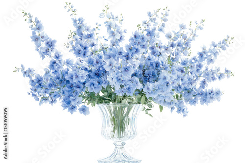 Elegant large bouquet of pale blue delphinium flowers arranged in a clear glass vase on a white background, perfect for wedding or sp floral decoration