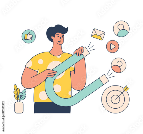 Attracting leads magnet marketing strategy social media engagement content creation target audience growth success vector art illustrations