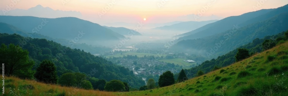 Fototapeta premium Misty hillside, village below, soft morning light, nature, beauty