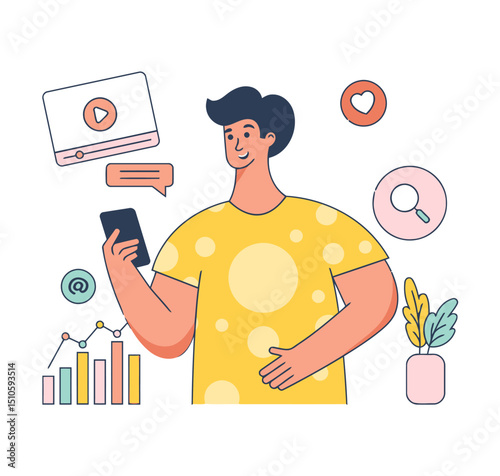 Man using phone social media marketing strategy content creation digital communication connection online network vector art illustrations
