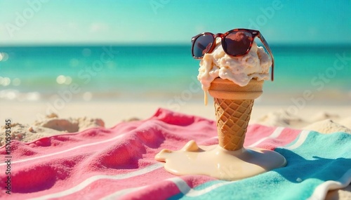 A melting ice cream cone drips down a sun-baked beach towel, sunglasses perched precariously on top Summer fun gone wrong, but hilariously so!, lighthearted, hot, funny summer