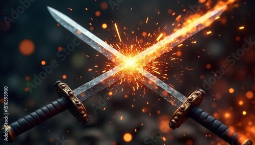 Intense close-up shot of two clashing swords, sparks flying, depicting the ferocity and energy of a battle Ideal for games, fantasy, history, and action-themed projects , swords, destruction