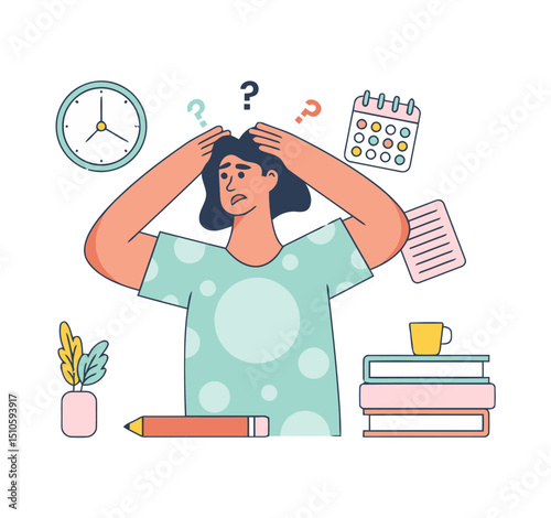 Stressed overwhelmed woman deadline pressure anxiety burnout calendar clock books pencil plant cup vector art illustrations
