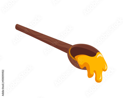Wooden dipper isolated on white background. Honey spoon with drip in cartoon style. Traditional food utensil. Honey scoop with sweet liquid drop icon or logo. Beekeeper tool flat vector illustration