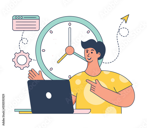 Man laptop clock time management productivity work efficiency deadline schedule planning organization task vector art illustrations