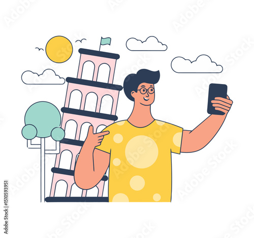 Man tourist selfie leaning tower pisa travel italy vacation clouds sun tree landmark architecture photo trip 100 vector art illustrations