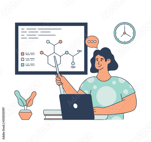 Woman science chemistry biology molecule education learning studying online class presentation laptop vector art illustrations