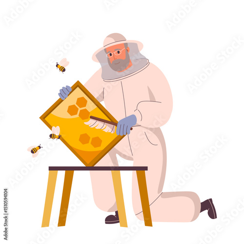 Beekeepers at apiary work with hives and honey bees. Man in beekeepers suit gather honey at apiculture farm. Character holding beehive frames, honeycomb. Honey products. Flat vector illustration.