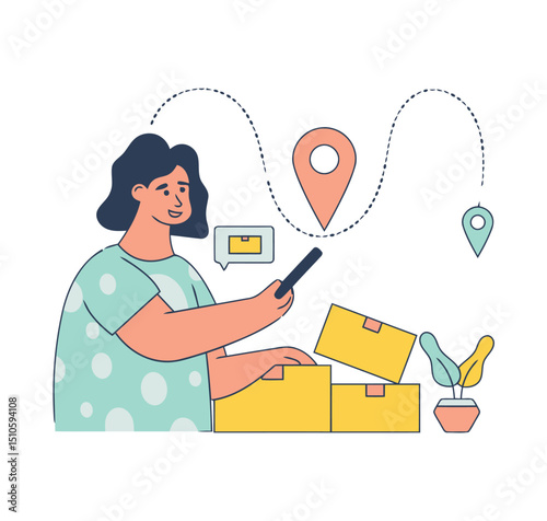 Woman delivery package tracking shipping logistics location service online order box mobile app route map vector art illustrations