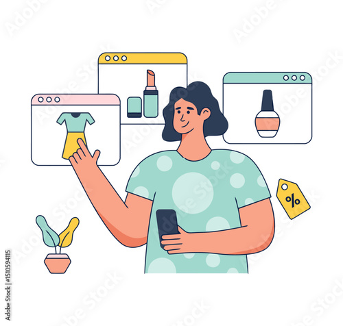 Woman shopping online fashion clothes makeup beauty products sale discount ecommerce mobile app illustration vector art illustrations