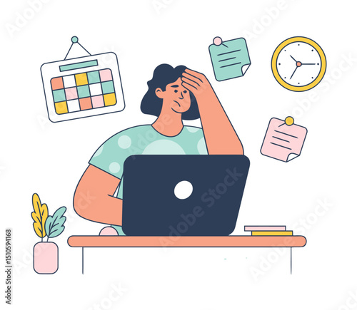 Stressed overworked woman working on laptop with calendar clock and notes deadline pressure burnout job vector art illustrations