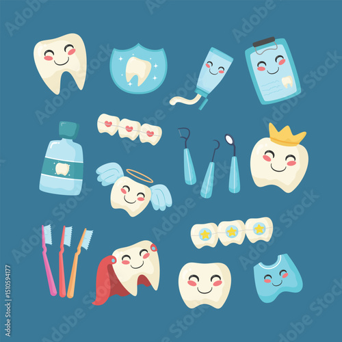 Cute Dental Care and Dentistry Items Cartoon Illustration Collection