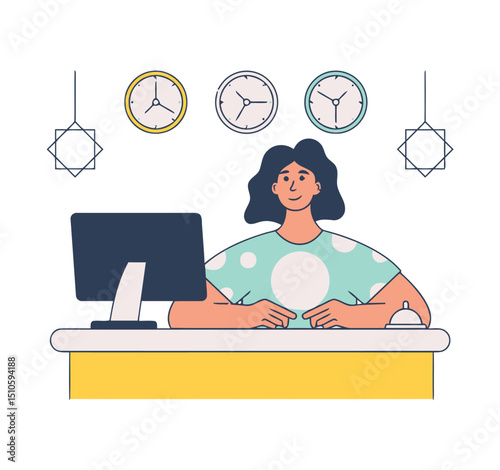 Receptionist hotel front desk service clock time zone travel business woman computer illustration desk vector art illustrations