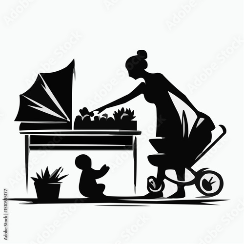 Modern woman caring for child while gardening at home  