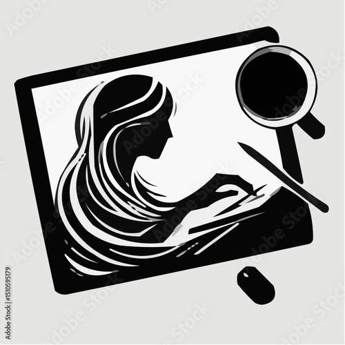 Icon depicting concerns of a modern woman working at a desk 