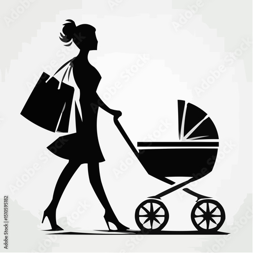 Modern woman walking with stroller and shopping bags in silhouette  