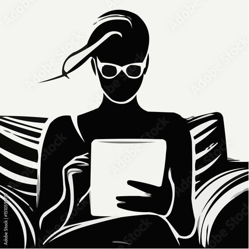 Modern woman reading on tablet while sitting in stylish armchair  