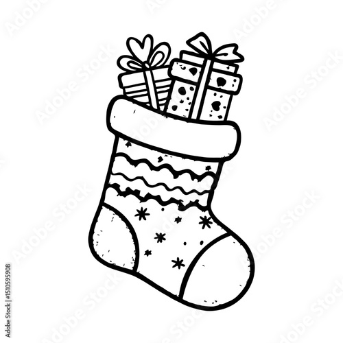 Christmas stocking with stars and zigzag pattern, filled with presents, hand-drawn style on white background, festive holiday concept