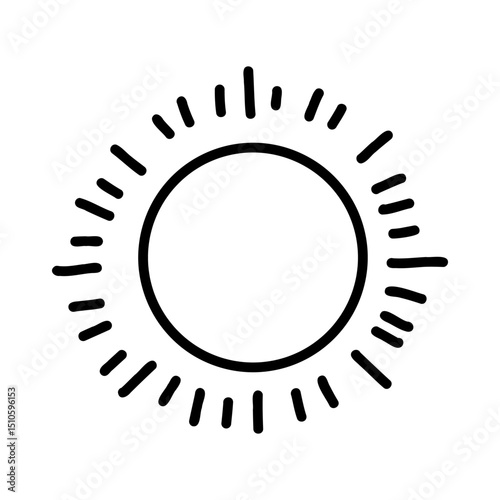 Doodle hand-drawn sun icon with irregular bold rays in black on white background. Simple boho style design element perfect for tattoos, stickers, wall art, logos, graphic projects. Vector illustration