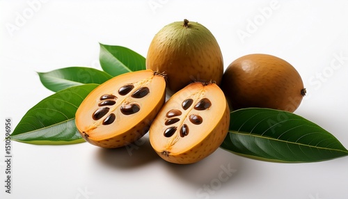 monk fruit displayed with whole and halved pieces with green leaves on white backdrop