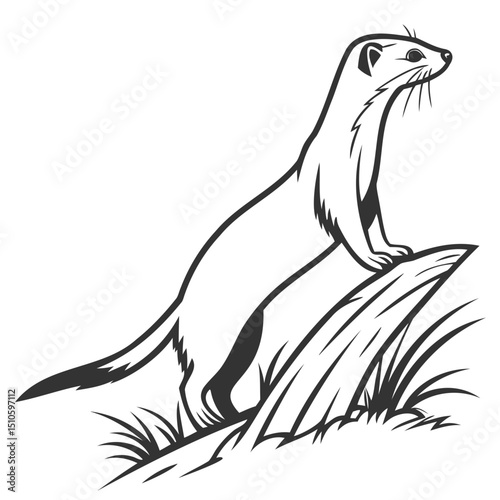 Line art of a stoat standing on a rock with grass around it in black and white on transparent background