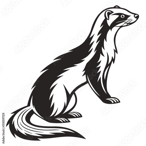 Illustration of a black and white skunk sitting upright with a bushy tail and fur on transparent background