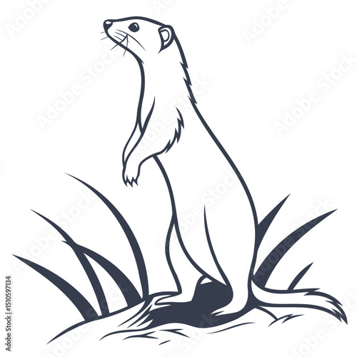 Illustration of a standing ermine in a field of grass looking to the left side on transparent background