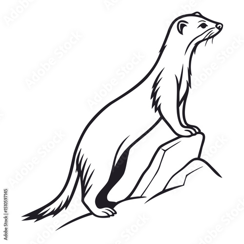 A stoat stands on a rock looking right in a black and white line drawing style on transparent background