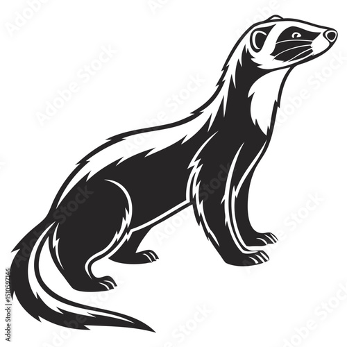 Illustration of a black and white ferret standing with its head turned to the right on transparent background