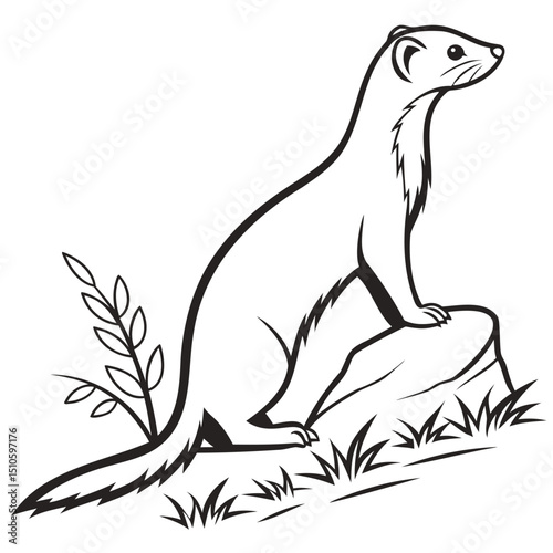 Line art of a stoat perched on a rock surrounded by grass and a leafy plant. on transparent background