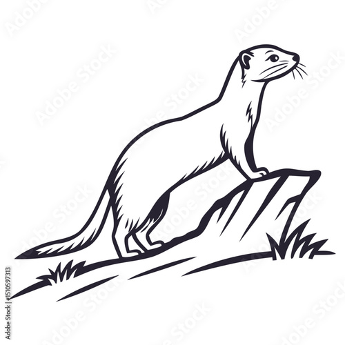 A stoat standing on a rock looking towards the right in a black and white drawing on transparent background