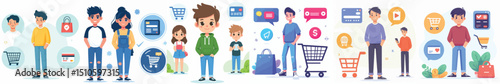 Cartoon Characters with Online Shopping and E-Commerce Icons – Flat Digital Lifestyle Illustration
