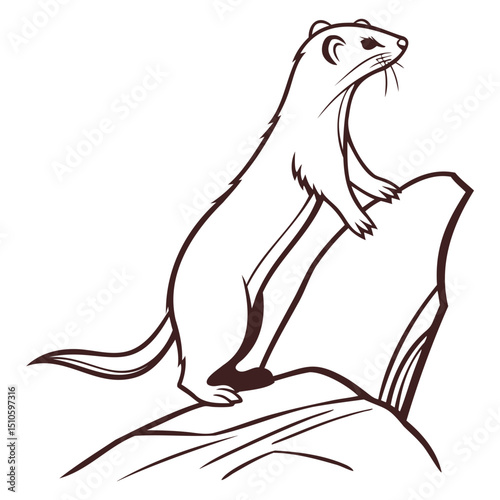 Line drawing of a weasel standing on a rock looking to the right in black and white on transparent background