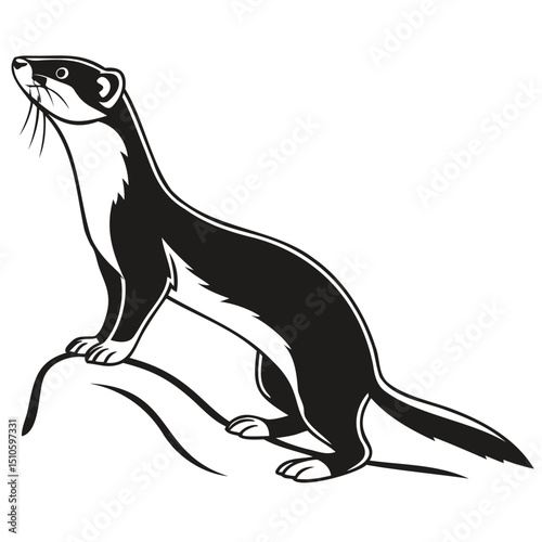 A stoat standing on a rock looking up in black and white vector illustration on transparent background