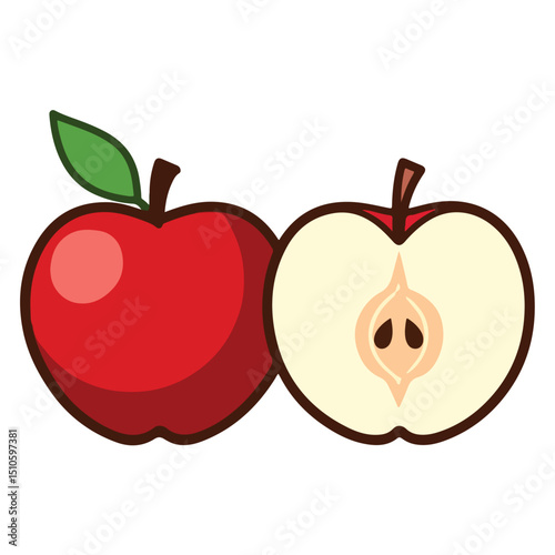 Cute Red Apple and Cross Section – Flat Cartoon Fruit Illustration