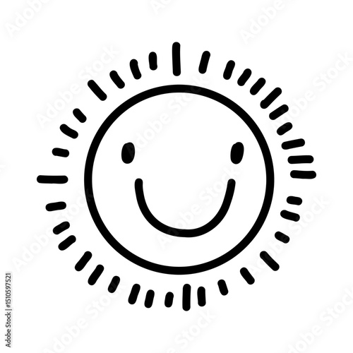 Cute kids sun doodle hand drawn icon character face in black and white. Outline drawing funny happy smile sun cartoon character line clipart symbol for kids design, baby prints. Vector illustration