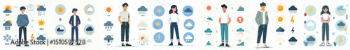 Cartoon Characters with Weather Icons – Flat Weather Forecast and Climate Condition Illustration