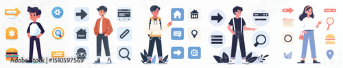 Cartoon Characters with User Interface Icons – Navigation and Web UI Elements