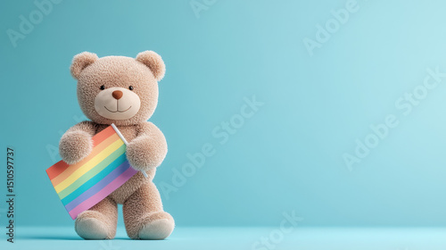 Cute teddy bear holding pride rainbow flag on pastel blue background with copy space for messages