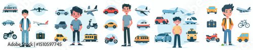 Cartoon Characters with Various Transport and Travel Icons – Planes, Trains, Cars, and Bikes