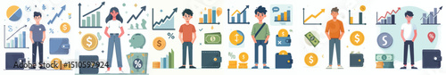Cartoon Characters with Finance and Economy Icons – Growth, Money, Wallet, and Investment Charts

