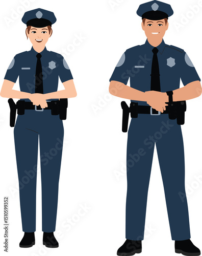 Smiling male and female police officers standing confidently in uniform with badge and hat