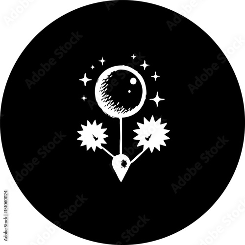 Celestial dreamscape emblem with stars and fantastical botanical elements